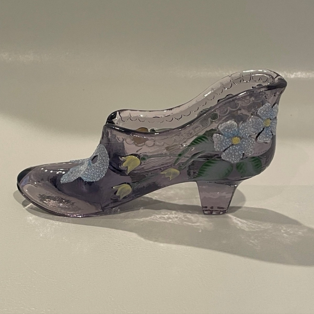Vintage Fenton Purple Glass Shoe Hand Painted by T Owens